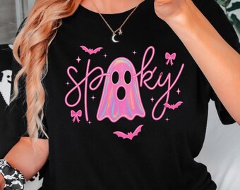 Spooky Ghost Graphic T-Shirt, Neon Pink Halloween Tee, Cute Pastel Crewneck Shirt, Pastel Pink Ghost Halloween Goth Spooky Season Gift