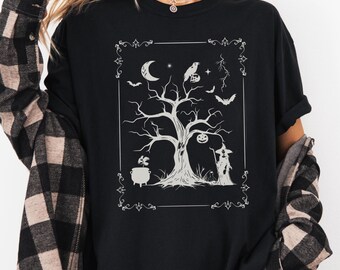 Witchy Halloween Shirt, Vintage Spooky Tree T-Shirt with Cauldron, Bats and Moon, Fall Graphic Tee for Women Who Love Cozy Halloween Vibes