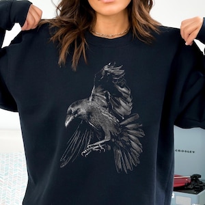 Halloween Raven Sweatshirt, Spooky Season Gothic Crewneck, Witchy Fall Sweater, Vintage Crow Spooky Bird Pullover, Dark Autumn Aesthetic