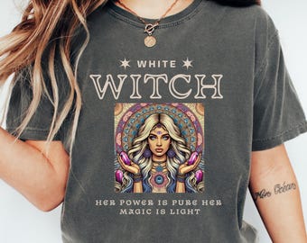 White Witch Graphic T-Shirt, Spiritual Light Magic Tee, Witchcore Aesthetic Shirt with Crystals and Stars for Mystical Women and Healers