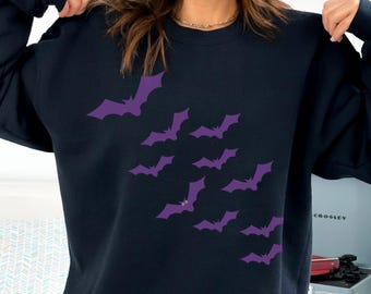 Halloween Bat Sweatshirt: Cozy Crewneck Halloween Pullover Sweater, Fall Jumper with Minimalist Spooky Bats Lounge Shirt for Halloween Lover