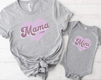 Personalized Mommy and Me Matching Valentines Shirts, Custom Mama Mini Retro Heart Mother Daughter  T Shirt, Mother Daughter Valentines Gift