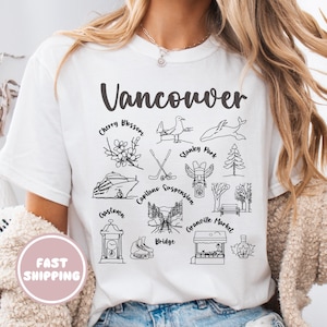 Vancouver T-shirt, comfortabele kleuren Vancouver BC souvenir shirt, Vancouver Doodle Landmarks T-shirt, Vancouver Canada cadeau voor toeristen en lokale bevolking