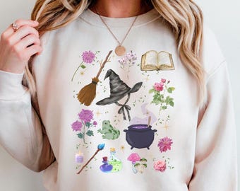 Witchy Cauldron Sweatshirt, Cottagecore Halloween Pullover, Mystical Witch Sweater with Flowers, Whimsical Witchcore Jumper for Halloween