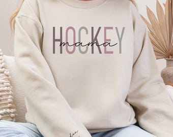 Custom Hockey Mama Sweatshirt, Personalized Sleeve, Cozy Game Day Apparel, Kids Names Hockey Mom Gift, Cute Cozy Game Day Crewneck Sweater