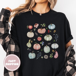 Fall Pumpkin Shirt, Watercolor Autumn Graphic Tee with Cottagecore Botanical Design, Cute Cozy Thanksgiving T-Shirt for Women and Fall Lover