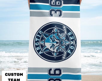 Personalized Hockey Locker Room Towel with Player Number and Team Logo, Custom Sports Shower Towel for Hockey Players, Coaches and Fans
