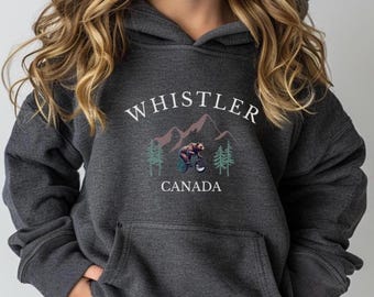 Youth Whistler BC Canada Hoodie, Bear Riding Mountain Bike Sweatshirt, Forest Adventure Graphic Pullover for Kids Who Love Nature and Biking