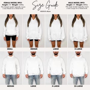 May include: A size guide for white Gildan 18500 hoodies. The guide shows models wearing hoodies in sizes small, medium, large, and extra-large. The female model is 163cm and 54kg, and the male model is 183cm and 82kg.