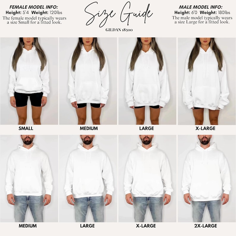 May include: A size guide for white Gildan 18500 hoodies. The guide shows models wearing hoodies in sizes small, medium, large, and extra-large. The female model is 163cm and 54kg, and the male model is 183cm and 82kg.