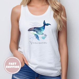 Camiseta sin mangas de Vancouver, estampado de ballena en acuarela, camiseta del océano de Columbia Británica, ropa de Vancouver, regalo para viajeros amantes de las ballenas y canadienses.