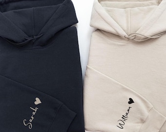 Conjunto de sudaderas personalizadas para parejas, sudaderas con nombre y corazón personalizados, suéteres a juego, regalo de aniversario, atuendo romántico para San Valentín.