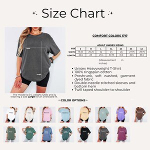 May include: A Comfort Colors 1717 unisex heavyweight t-shirt size chart with width and length measurements in inches. The image displays a charcoal gray t-shirt, a detailed sizing table, product features, and a grid of color options for the garment.