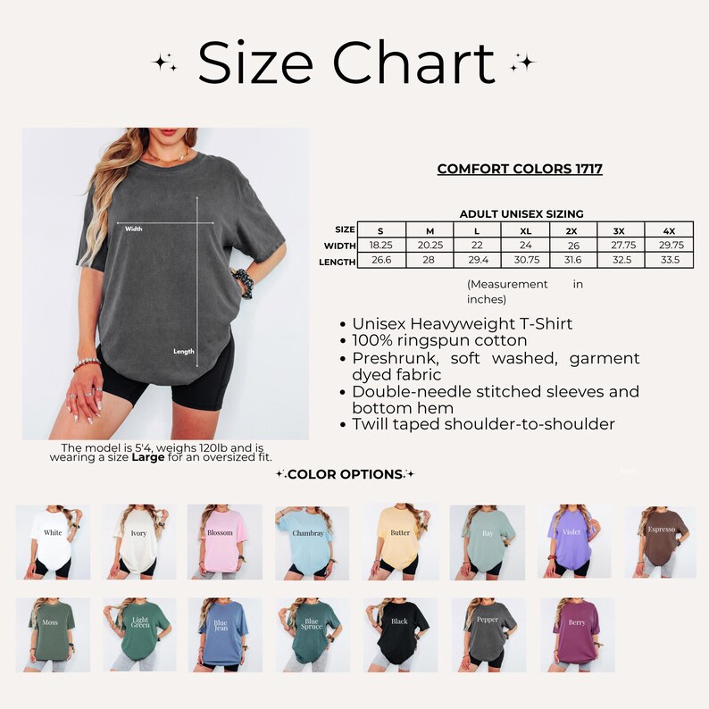 May include: A Comfort Colors 1717 unisex heavyweight t-shirt size chart with width and length measurements in inches. The image displays a charcoal gray t-shirt, a detailed sizing table, product features, and a grid of color options for the garment.