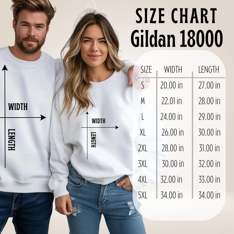 May include: A size chart for the Gildan 18000 sweatshirt, displaying width and length measurements in inches for sizes S through 5XL. The chart includes a visual guide with arrows indicating how to measure width and length on the garment.