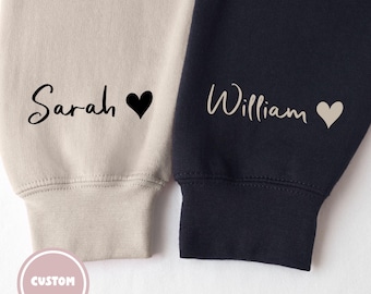 Conjunto de sudaderas personalizadas para parejas, suéteres con nombre y corazón personalizados, sudaderas a juego, regalo de San Valentín, atuendo romántico de aniversario.