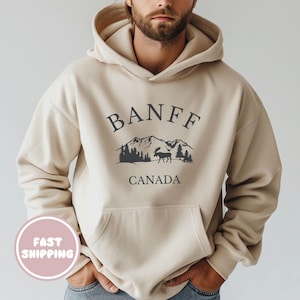 Sweat à capuche Banff Canada, vêtements d&#39;aventure en plein air, sweat à capuche imprimé orignal, souvenir du parc national Banff, sweat-shirt Cozy Mountain, cadeau de voyage unisexe