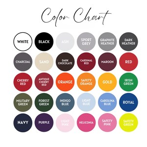 May include: A colour chart displaying a range of colour swatches in circular shapes. The chart includes colours such as white, black, ash, sport grey, graphite heather, dark heather, charcoal, sand, dark chocolate, cardinal red, maroon, and red.