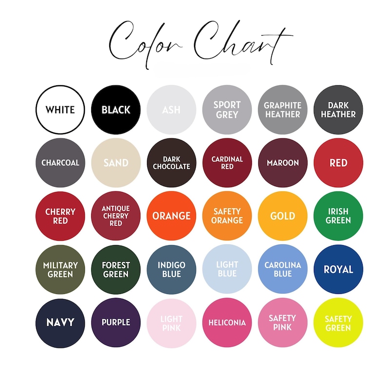May include: A colour chart displaying a range of colour swatches in circular shapes. The chart includes colours such as white, black, ash, sport grey, graphite heather, dark heather, charcoal, sand, dark chocolate, cardinal red, maroon, and red.