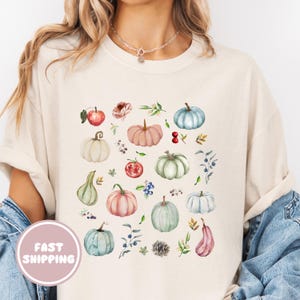 Fall Pumpkin Shirt, Watercolor Autumn Graphic Tee with Cottagecore Botanical Design, Cute Cozy Thanksgiving T-Shirt for Women and Fall Lover