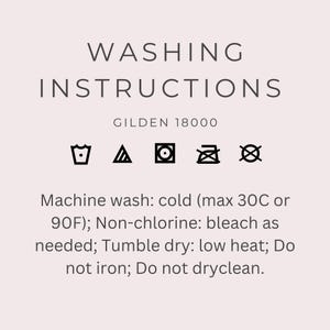 May include: Washing instructions for Gilden 18000 featuring black text and icons on a light background. Includes machine wash cold max 30C or 90F, non-chlorine bleach as needed, tumble dry low heat, do not iron, and do not dry clean symbols.