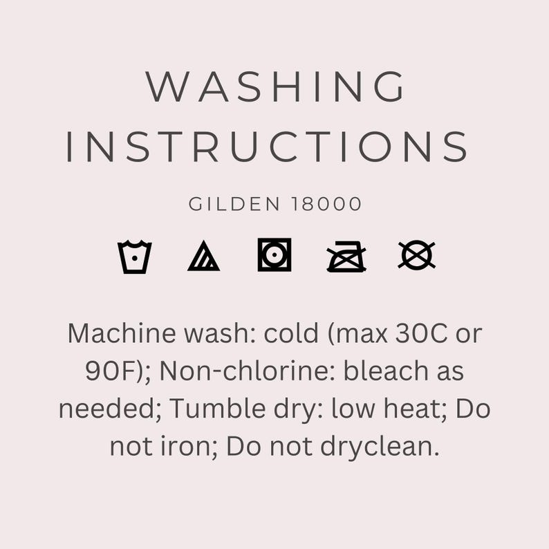 May include: Washing instructions for Gilden 18000 featuring black text and icons on a light background. Includes machine wash cold max 30C or 90F, non-chlorine bleach as needed, tumble dry low heat, do not iron, and do not dry clean symbols.