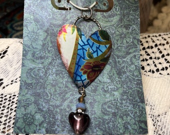 Handmade One-of-a-kind Heart Pendant, vintage boho style, floral vintage tin pendant