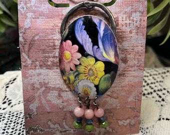 Handmade One-of-a-kind Pendant, vintage boho style, floral vintage tin pendant