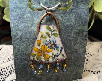 Handmade One-of-a-kind Pendant, vintage boho style, floral vintage tin pendant