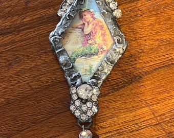 Handmade Vintage Mermaid Pendant, Stamped Solder, Glass Soldered Pendant, One-of-a-kind