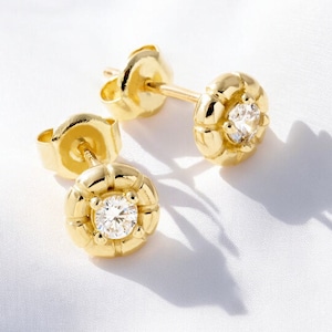 Orecchini pendenti a forma di fiore in oro per donna - Orecchini a bottone minimalisti in oro massiccio con diamanti - Regalo delicato per figlia - Regalo di Natale per lei
