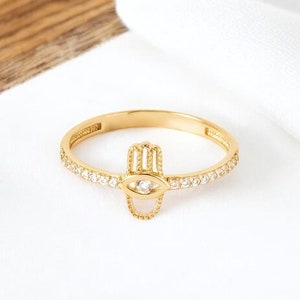 Hamsa Hand Ring for Women, 14K Gold Evil Eye Protection Jewelry, Elegant Minimalist Ring For Wife, Spiritual Gold Gift for Her