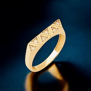 Geometric 14K Gold Ring for Women, Modern Minimalist Jewelry With CZ Accents, Triangle Design Stackable Band, Unique Women’s Gold Ring