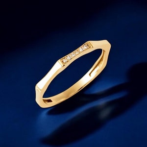 14k Solid Gold Geometric Ring: Minimalist CZ Accent Wedding Band