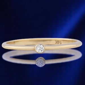 Dainty 14K Gold Diamond Ring, Tiny Solitaire Ring For Women, Minimalist Bezel Set Diamond Band, Simple Everyday Jewelry Gift For Her