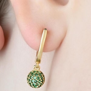 14k Solid Gold Ball Dangle Earrings, Chunky Earrings for Women Jewelry, Emerald Ball Earrings, Wife Birthday Gift, 18k Gold Earrings for Her