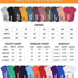 May include: A color and size chart for unisex, youth, toddler, and baby apparel. It displays rows of t-shirts in various colors with labels like Athletic Heather, Black, Gold, and Red. Tables provide width and length measurements in inches.