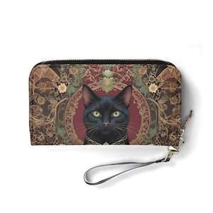 Portefeuille élégant chat noir – Joli portefeuille en cuir végétalien pour femme | Cadeau unique, joli portefeuille végétalien, cadeau idéal pour elle
