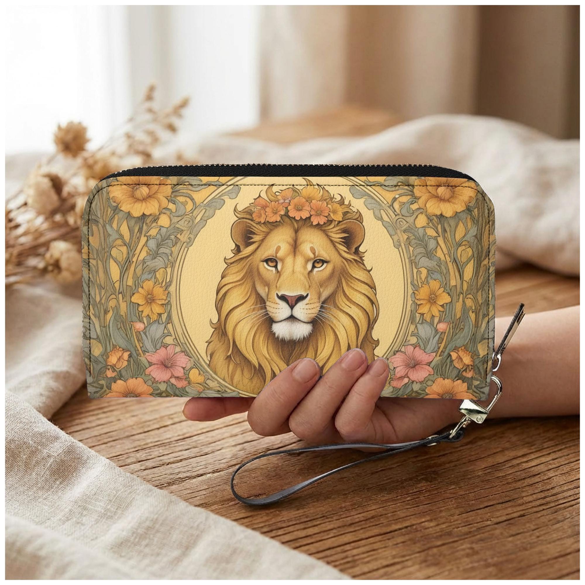 Lion Womens Zip Around Wallet, Floral PU Leather Wristlet Phone