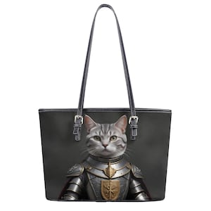 Knighted Templar Cat Tote Bag Cute Bag Vegan Faux Leather Shoulder Bag Large Market Bag, Shoulder Bag, Gifts For Women