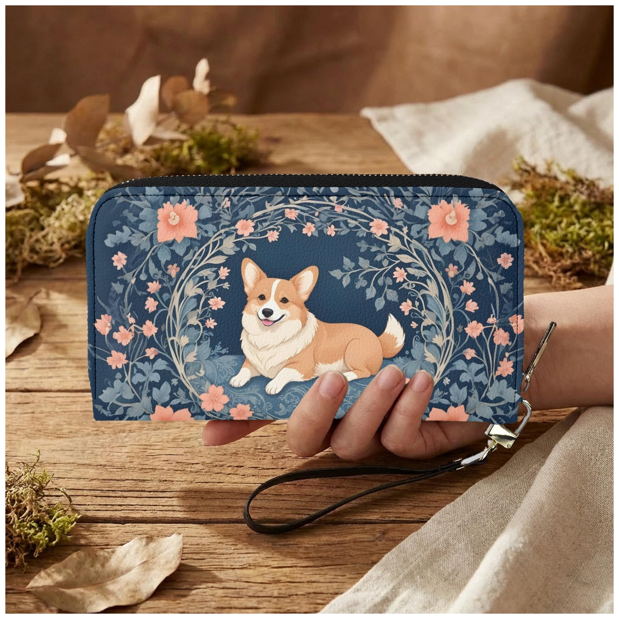 Corgi Womens Zip Around Wallet, Blue Floral PU Leather Wristlet