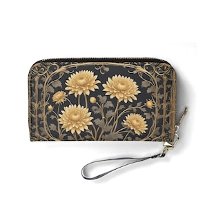 Portafoglio Crisantemi Dorati – Portafoglio Carino in Pelle Vegana per Donna / Regalo Unico, Portafoglio Vegano Carino Regalo Ideale per Lei