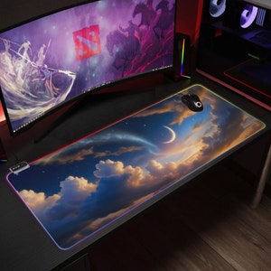 Glowing Crescent Moon Gaming Mousepad - RGB LED Keyboard Desk Mat for Gamers - Desk Decor and Gift for PC Gaming - Transparent Design