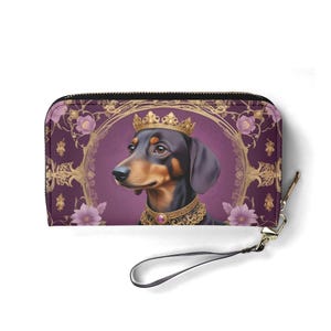 Queenly Dachshund k - Portefeuille Art nouveau pour chien Regal - Joli portefeuille en cuir végétalien pour femme | Cadeau unique, joli portefeuille végétalien, cadeau idéal pour elle