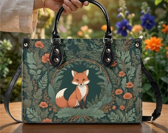 Fox Crossbody Bag, Vegan Leather Fox Purse, Woodland Floral Handbag, Fox Lover Gift for Women