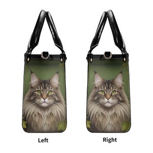 Gray Long Hair Cat Vegan Leather Top Handle Bag, Green Botanical Woodland Style image 8