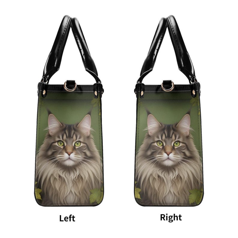 Gray Long Hair Cat Vegan Leather Top Handle Bag, Green Botanical Woodland Style image 8