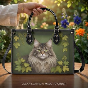 Gray Long Hair Cat Vegan Leather Top Handle Bag, Green Botanical Woodland Style image 1