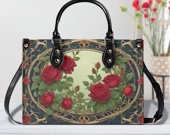 Red Rose Floral Vegan Leather Handbag, Ornate Botanical Top Handle Purse