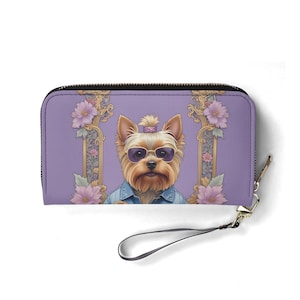 Yorkshire Terrier Cane in Giacca di Jeans con Occhiali da Sole Portafoglio in Pelle PU